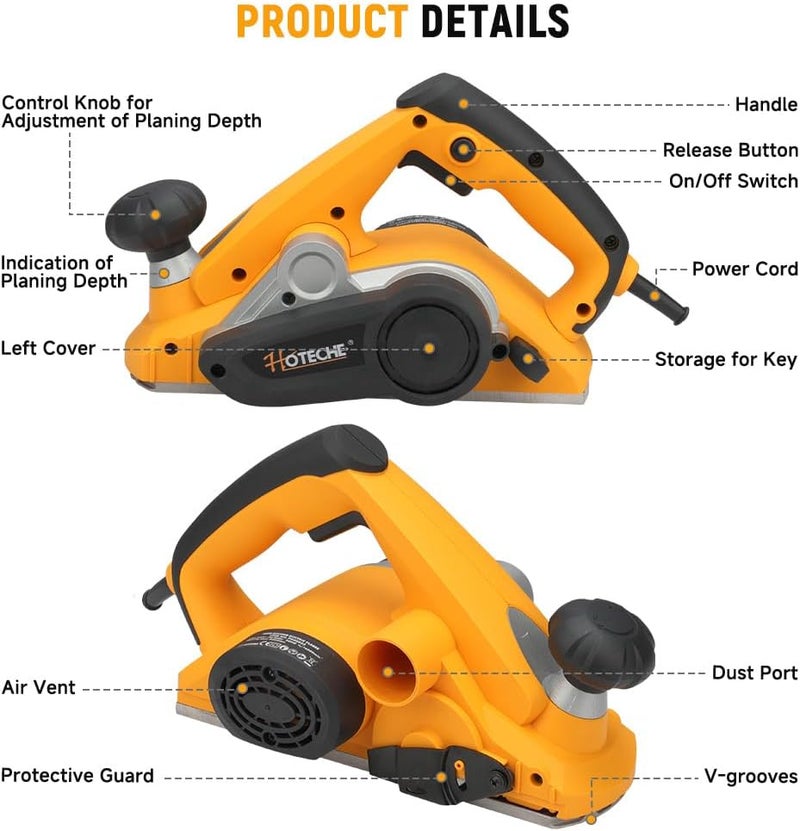 HOTECHE 3-1/4-Inch 7.5-Amp Electric Hand Planer for woodworking – High-Speed Corded Wood Planer with TCT Blade, Copper Motor, and Complete Accessory Kit - Image 2